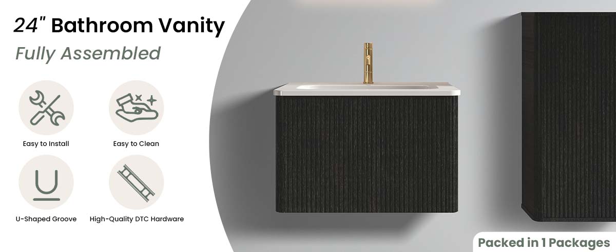 24 inch bathroom vanity with white ceramic sink – floating design in striped brushed black oak. Pre-assembled for quick setup and hassle-free use. Curved edges ensure safety for families and pets. 12+ inch drawer provides spacious storage for bathroom essentials. A sleek modern bathroom vanity that elevates any bathroom decor.