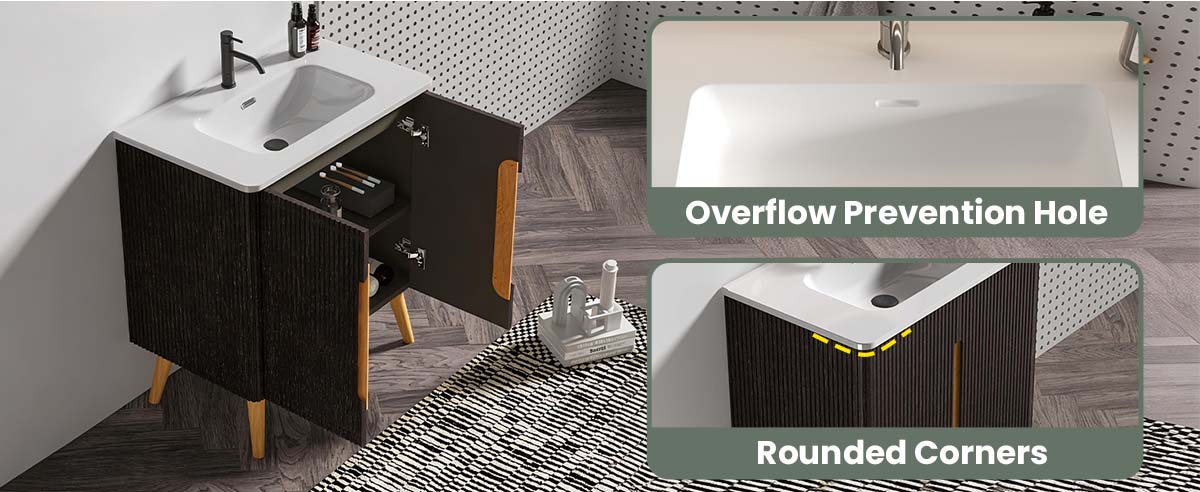 Key features of striped brushed black oak bathroom vanity with sink. Dual installation: Freestanding & wall mounted options.Integrated glossy white ceramic sink (easy to clean).Dual-door cabinet for ample dust/waterproof storage.Curved safety edges to eliminate sharp corners .Stylish striped wood grain elevates modern bathroom decor A versatile bathroom cabinet that combines functionality and sophistication.