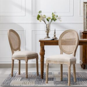 Light oak French cane back dining chair with beige upholstered seat, vintage-inspired accent chair for dining room