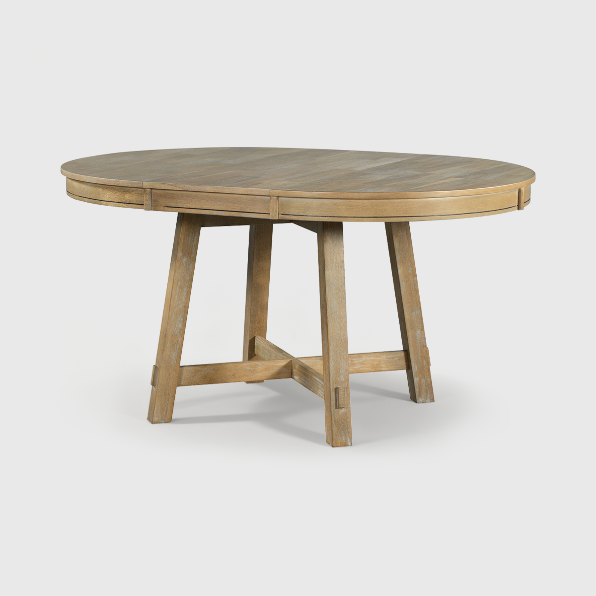 Farmhouse-Round-Extendable-Dining-Table (1) Light oak oval extendable dining table with four angled legs, rustic reclaimed wood dining table for modern farmhouse dining room