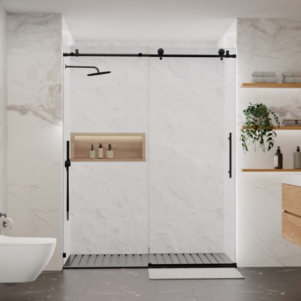 Frameless Shower Door-Sliding Shower Door with Premium -Thick Tempered Glass Shower Enclosure -Chrome Matte Black With Buffer (5)