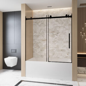 Black framed double sliding shower door with clear glass, modern frameless bathroom shower enclosure