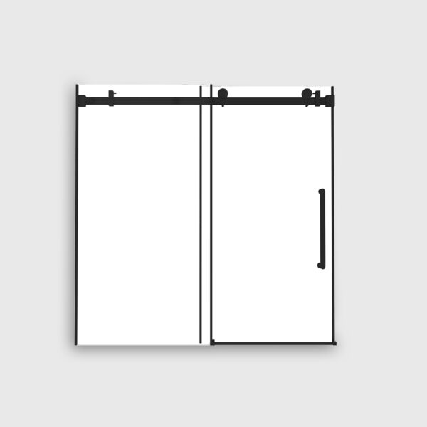 Black framed double sliding shower door with clear glass, modern frameless bathroom shower enclosure