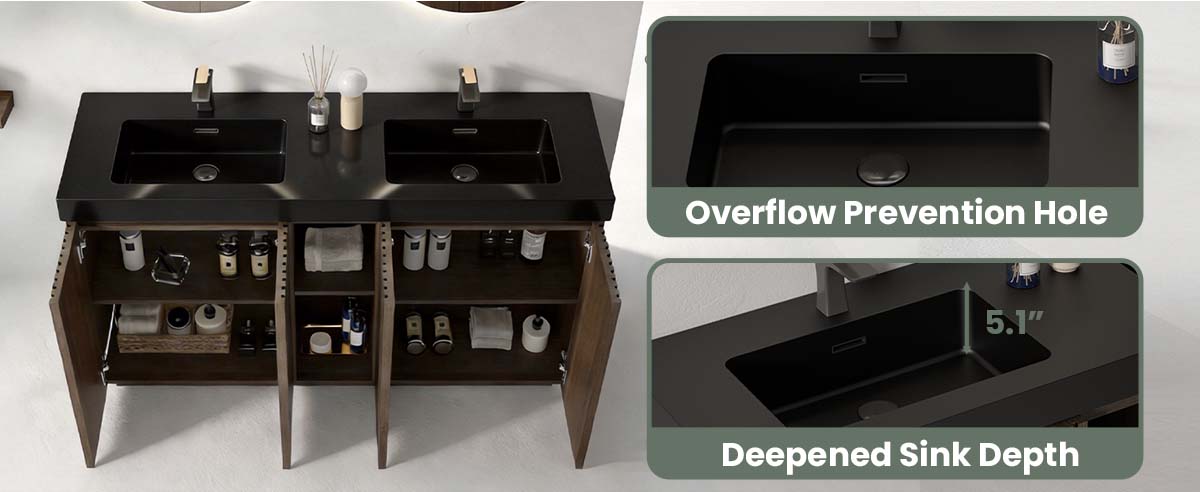 60 inch Smoked Oak double sink bathroom vanity with sink freestanding modern bathroom vanity, large storage four-tier shelving water-resistant bathroom vanity cabinet, one-piece black sink basin without drain and faucet