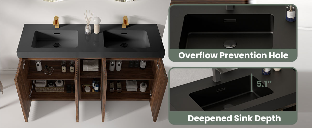 60 inch Winston Walnut double sink bathroom vanity with sink, freestanding modern bathroom vanity cabinet, black quartz sink basin no drain faucet, large storage adjustable shelves