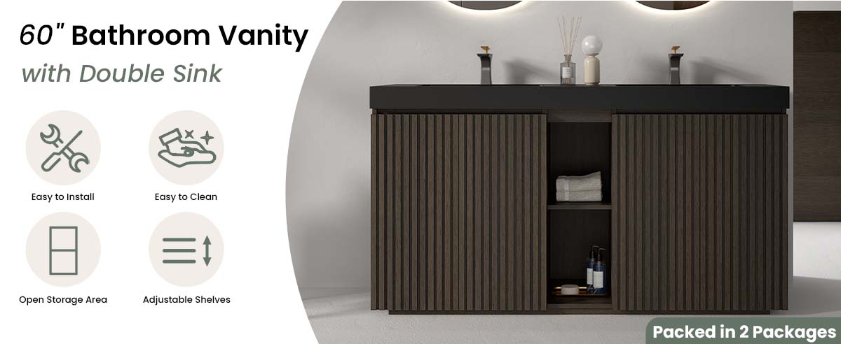60 inch Smoked Oak double sink bathroom vanity with sink freestanding modern bathroom vanity, large storage four-tier shelving water-resistant bathroom vanity cabinet, one-piece black sink basin without drain and faucet