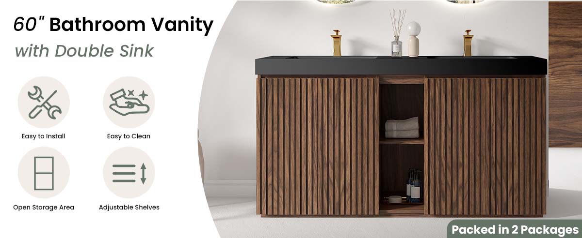 60 inch Winston Walnut double sink bathroom vanity with sink, freestanding modern bathroom vanity cabinet, black quartz sink basin no drain faucet, large storage adjustable shelves