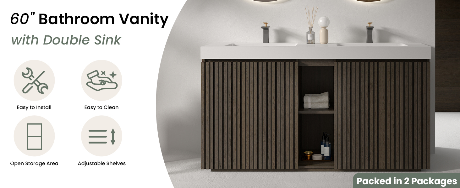 60 inch Smoked Oak double sink bathroom vanity with sink freestanding modern bathroom vanity, large storage four-tier shelving water-resistant bathroom vanity cabinet for modern bathroom, one-piece white sink basin without drain and faucet
