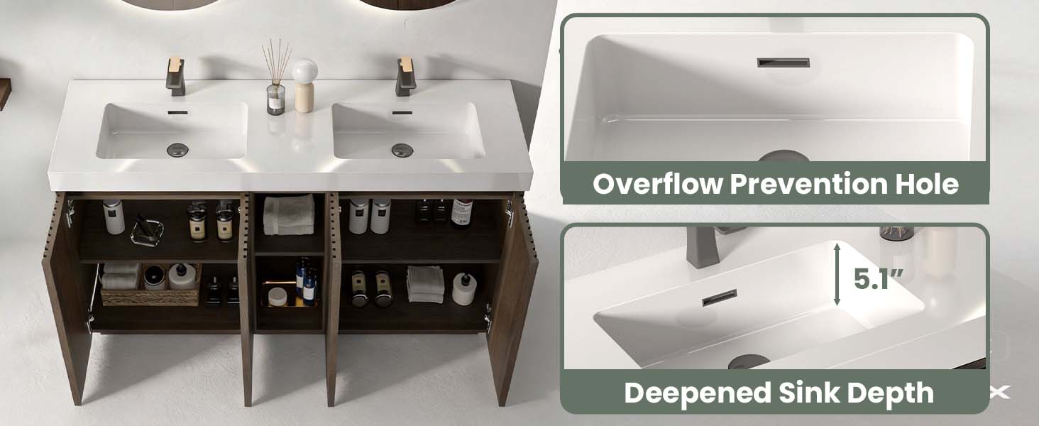 60 inch Smoked Oak double sink bathroom vanity with sink freestanding modern bathroom vanity, large storage four-tier shelving water-resistant bathroom vanity cabinet for modern bathroom, one-piece white sink basin without drain and faucet