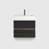 24 Inch Mid-Century Modern Wall Mounted Floating Bathroom Vanity with Engineered Quartz Sink, Soft Black Double Drawers, One-Piece Basin for Modern Bathroom