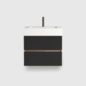 24 Inch Mid-Century Modern Wall Mounted Floating Bathroom Vanity with Engineered Quartz Sink, Soft Black Double Drawers, One-Piece Basin for Modern Bathroom