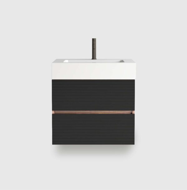 24 Inch Mid-Century Modern Wall Mounted Floating Bathroom Vanity with Engineered Quartz Sink, Soft Black Double Drawers, One-Piece Basin for Modern Bathroom