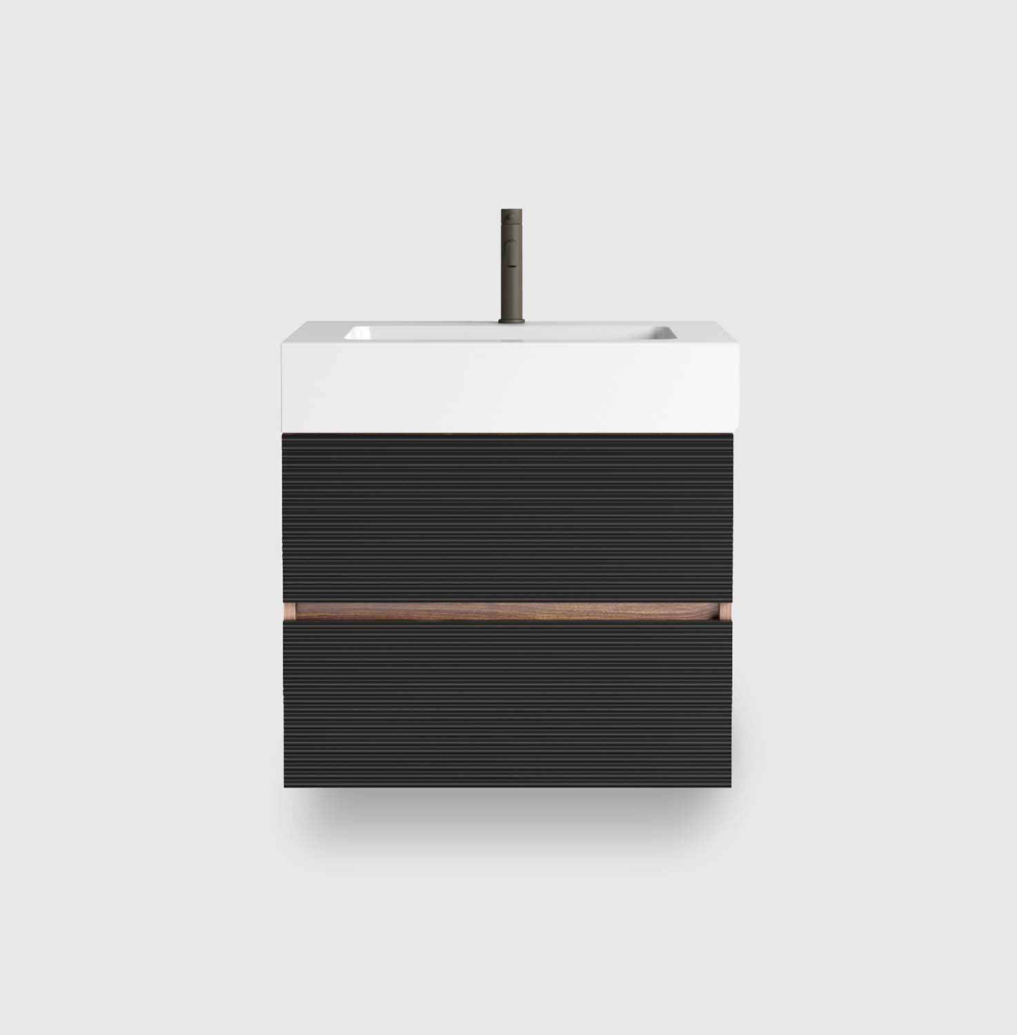 24 Inch Mid-Century Modern Wall Mounted Floating Bathroom Vanity with Engineered Quartz Sink, Soft Black Double Drawers, One-Piece Basin for Modern Bathroom