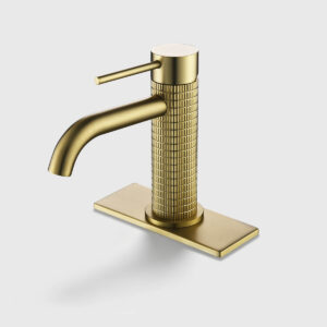 Brushed gold single handle bathroom sink faucet with textured knurled body, modern single-hole vanity faucet with deck plate for contemporary bathrooms