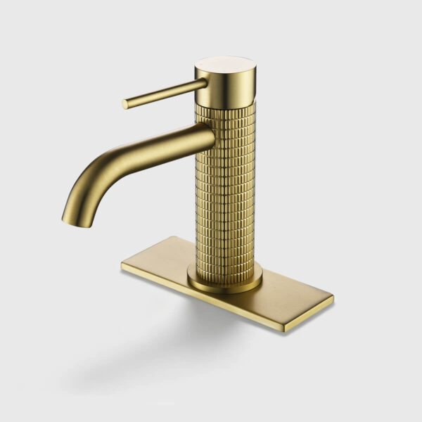 Brushed gold single handle bathroom sink faucet with textured knurled body, modern single-hole vanity faucet with deck plate for contemporary bathrooms