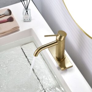 Brushed gold single handle bathroom sink faucet with textured knurled body, modern single-hole vanity faucet with deck plate for contemporary bathrooms