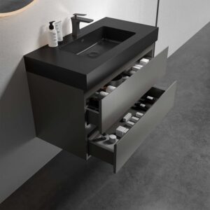 36 inch modern floating bathroom vanity with sink, gray finish and black basin, wall mounted large storage