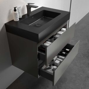 30 inch wall mounted floating bathroom vanity in gray with black sink, contemporary design for mid-size bathroom