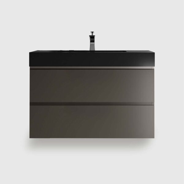 36 inch modern floating bathroom vanity with sink, gray finish and black basin, wall mounted large storage