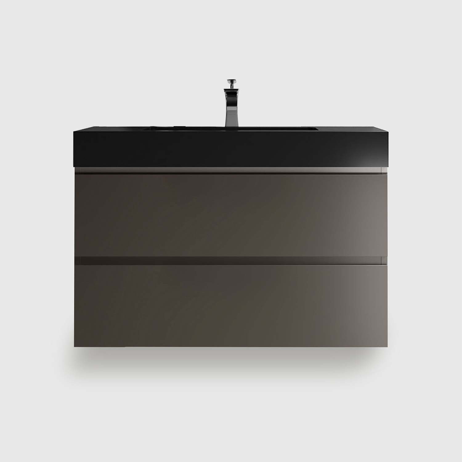 36 inch modern floating bathroom vanity with sink, gray finish and black basin, wall mounted large storage