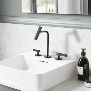 Matte black widespread bathroom sink faucet with pull-down sprayer and cross handles, modern 3-hole vessel faucet fixture
