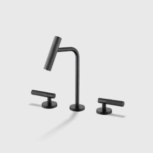 Matte black widespread bathroom sink faucet with pull-down sprayer and cross handles, modern 3-hole vessel faucet fixture