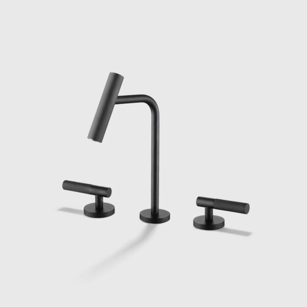 Matte black widespread bathroom sink faucet with pull-down sprayer and cross handles, modern 3-hole vessel faucet fixture