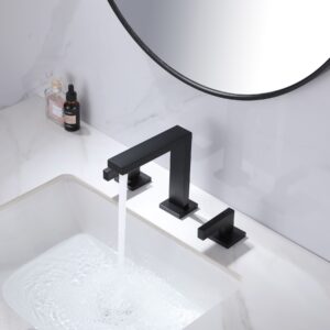 Matte black widespread bathroom sink faucet with double handles and matching pop-up drain, modern 3-hole vanity faucet set