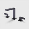 Matte black widespread bathroom sink faucet with double handles and matching pop-up drain, modern 3-hole vanity faucet set