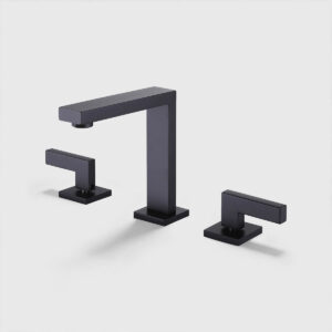 Matte black widespread bathroom sink faucet with double handles and matching pop-up drain, modern 3-hole vanity faucet set