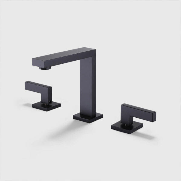 Matte black widespread bathroom sink faucet with double handles and matching pop-up drain, modern 3-hole vanity faucet set