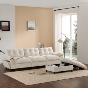 Beige tufted convertible sofa bed with storage ottoman, modern sectional sleeper sofa with side pockets for living room