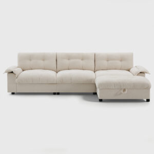 Beige tufted convertible sofa bed with storage ottoman, modern sectional sleeper sofa with side pockets for living room