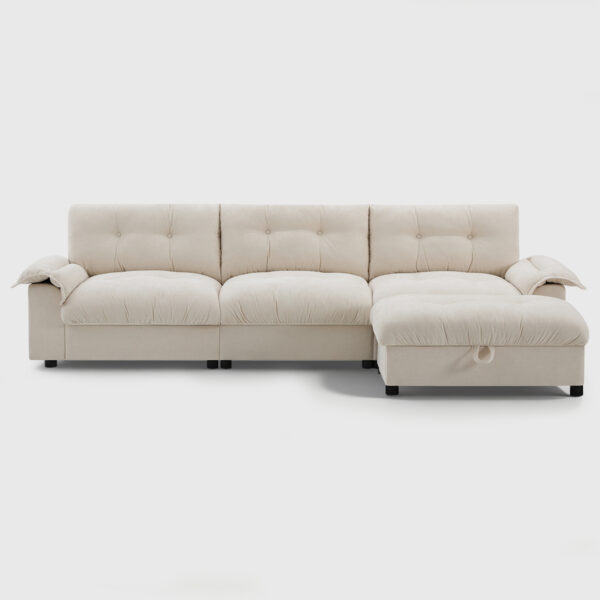Beige tufted convertible sofa bed with storage ottoman, modern sectional sleeper sofa with side pockets for living room