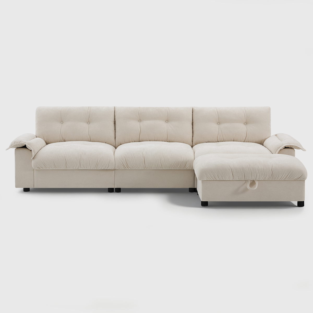 Beige tufted convertible sofa bed with storage ottoman, modern sectional sleeper sofa with side pockets for living room