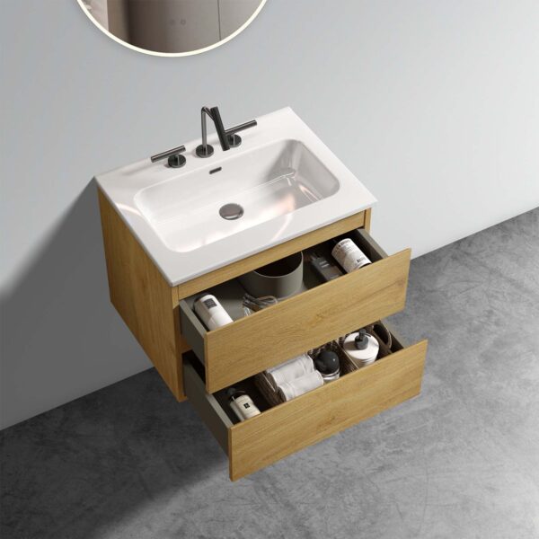 Natural Oak- Bathroom Vanity - Ceramic Sink -three faucet holes (1)