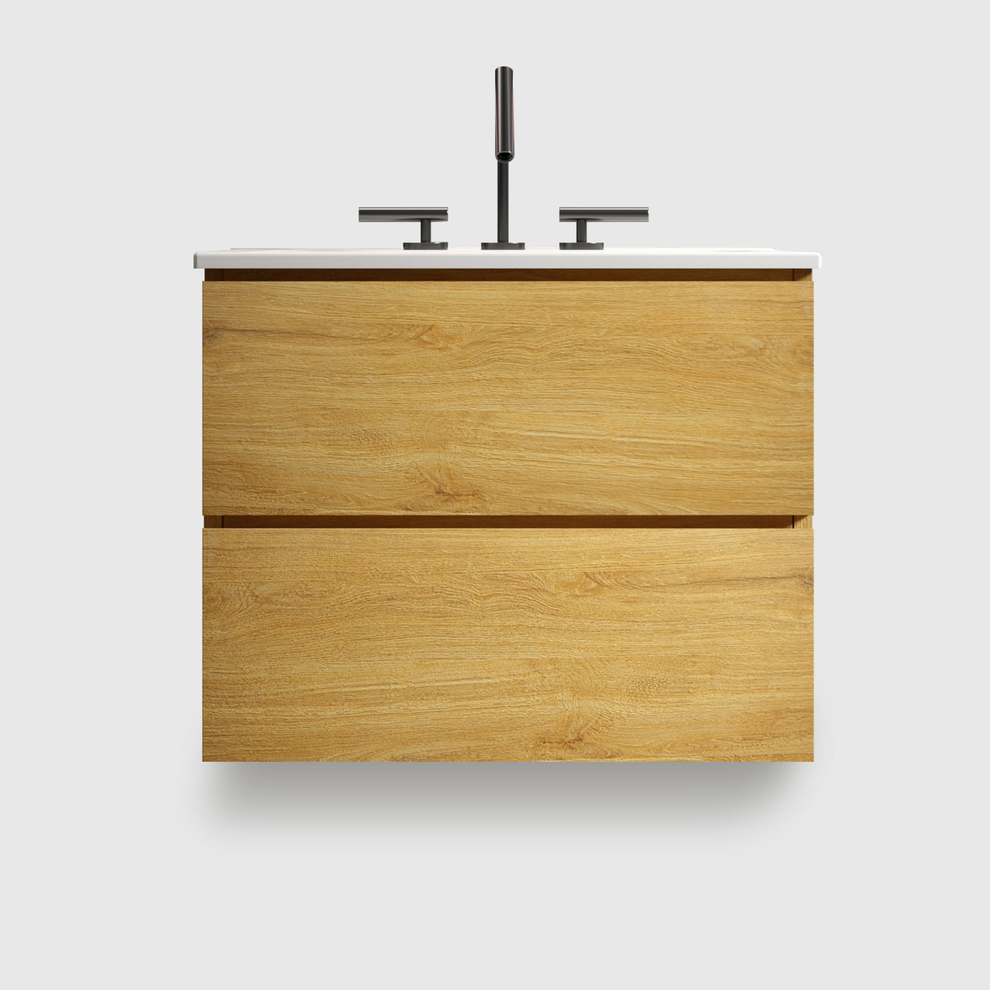 Natural Oak- Bathroom Vanity - Ceramic Sink -three faucet holes (5) 24 inch wall mount natural oak vanity - pre-assembled with soft-closing drawers