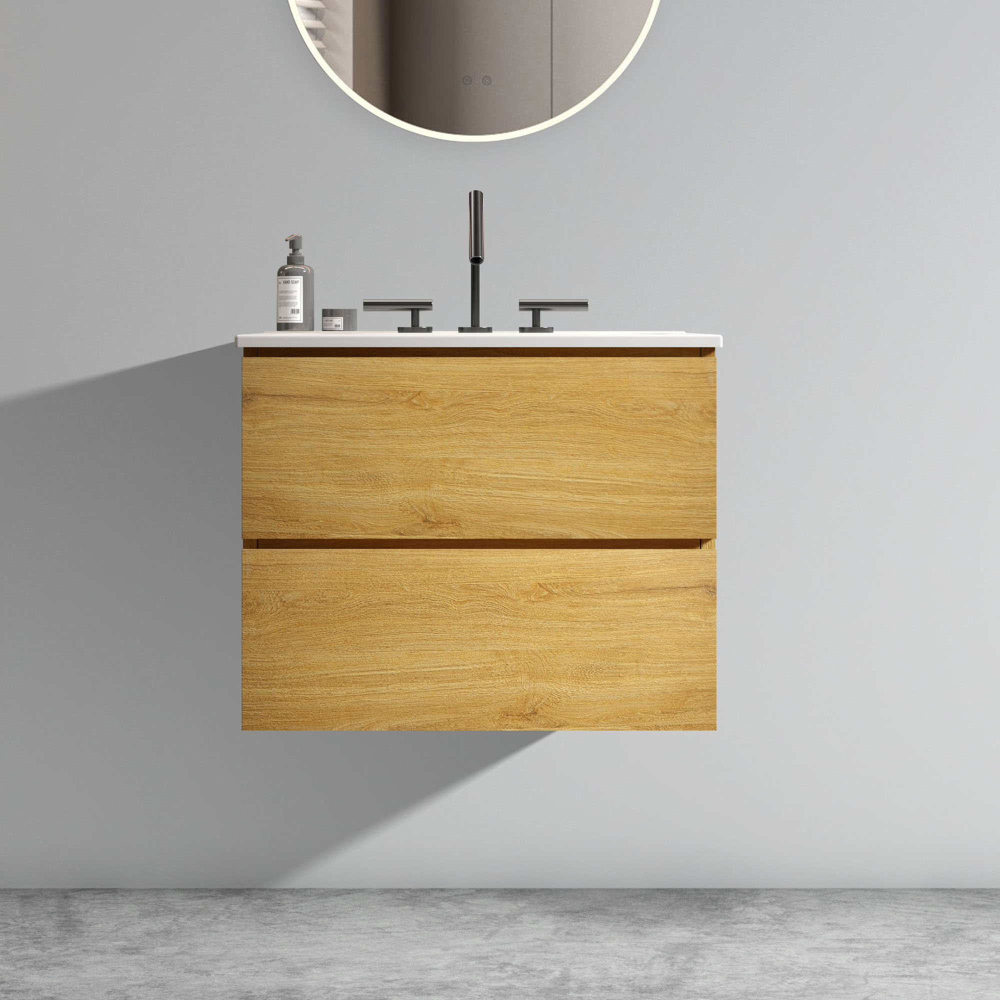 Natural Oak- Bathroom Vanity - Ceramic Sink -three faucet holes (6)