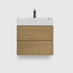 24 inch oak floating bathroom vanity with black sink, wall mounted modern cabinet with soft closing drawers