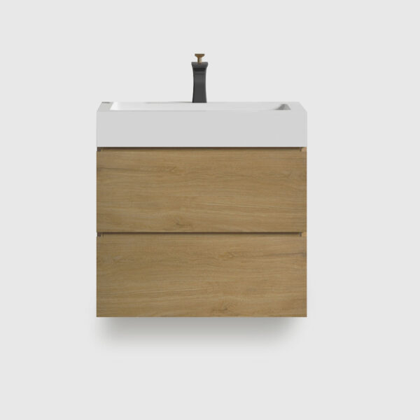 24 inch oak floating bathroom vanity with black sink, wall mounted modern cabinet with soft closing drawers