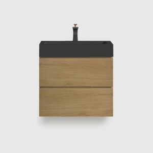 24 inch natural oak floating bathroom vanity with black sink, wall mounted modern cabinet with soft close drawers