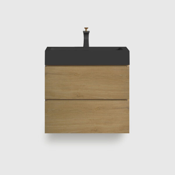 24 inch natural oak floating bathroom vanity with black sink, wall mounted modern cabinet with soft close drawers