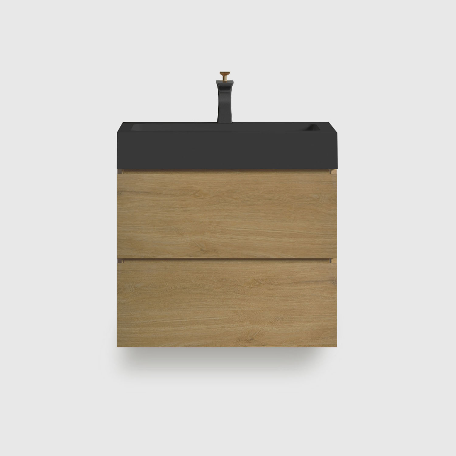 24 inch natural oak floating bathroom vanity with black sink, wall mounted modern cabinet with soft close drawers