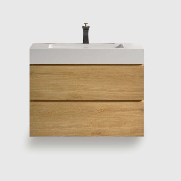 30 inch oak floating bathroom vanity with black sink, wall mounted modern vanity unit with soft close drawers