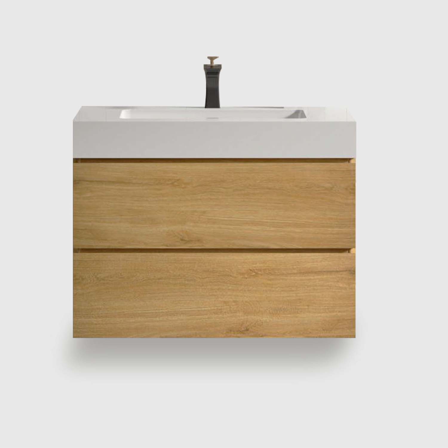 30 inch oak floating bathroom vanity with black sink, wall mounted modern vanity unit with soft close drawers