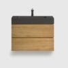 30 inch natural oak floating vanity with black sink, wall mounted modern bathroom cabinet with soft close drawers and large storage