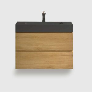 30 inch natural oak floating vanity with black sink, wall mounted modern bathroom cabinet with soft close drawers and large storage