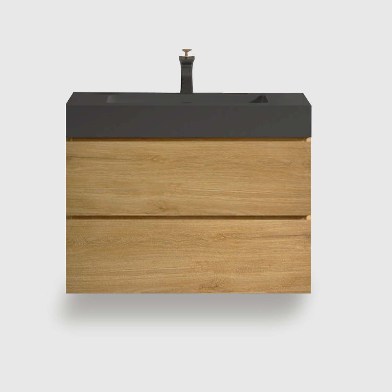 30 inch natural oak floating vanity with black sink, wall mounted modern bathroom cabinet with soft close drawers and large storage