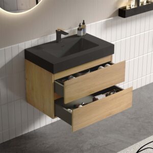 30 inch natural oak floating vanity with black sink, wall mounted modern bathroom cabinet with soft close drawers and large storage
