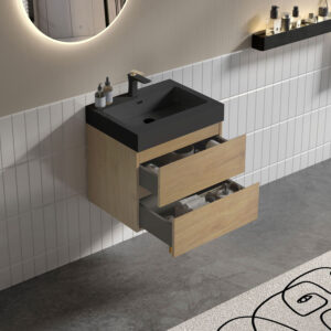 24 inch natural oak floating bathroom vanity with black sink, wall mounted modern cabinet with soft close drawers